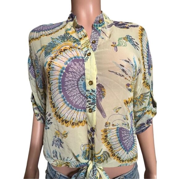 Pulp multi color button down tie front abstract 3/4 sleeve mandarin collar top M - Picture 5 of 6